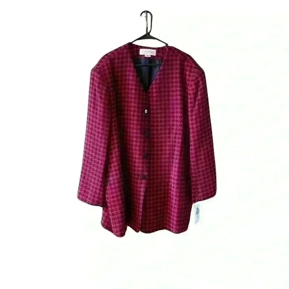Jones New York Womens 100% Wool Red Black Long Blazer Coat